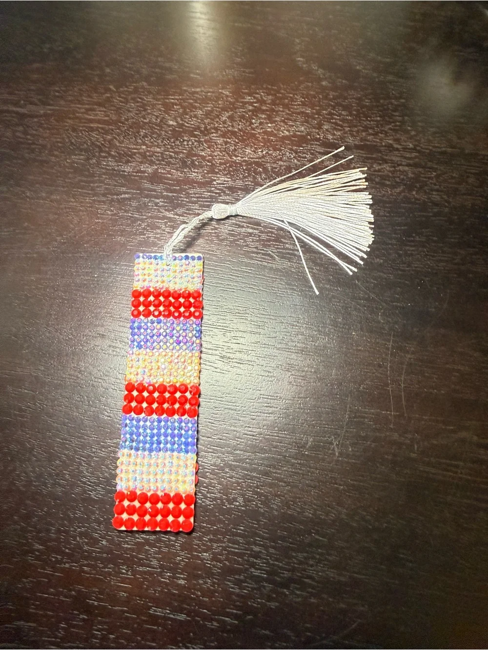 Beaded Tassel Bookmark in Red, Blue and Cream